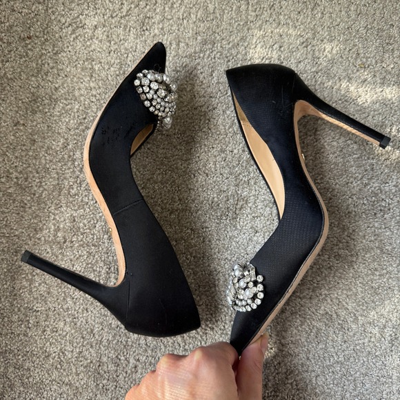 Badgley Mischka Olga Black Satin Embellished Pointed Toe Pumps Heels Size 6 - Picture 8 of 10